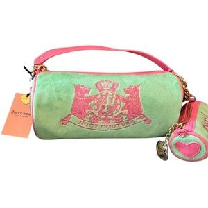 Juicy Couture Scottie Retro Green Velour Barrel Bag with Hot Pink Trim